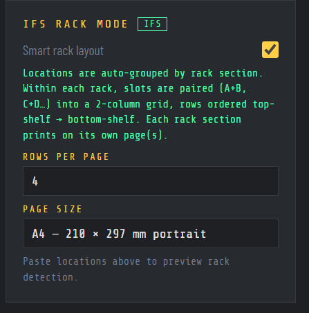 Barcode Label Generator - IFS Rack Mode settings