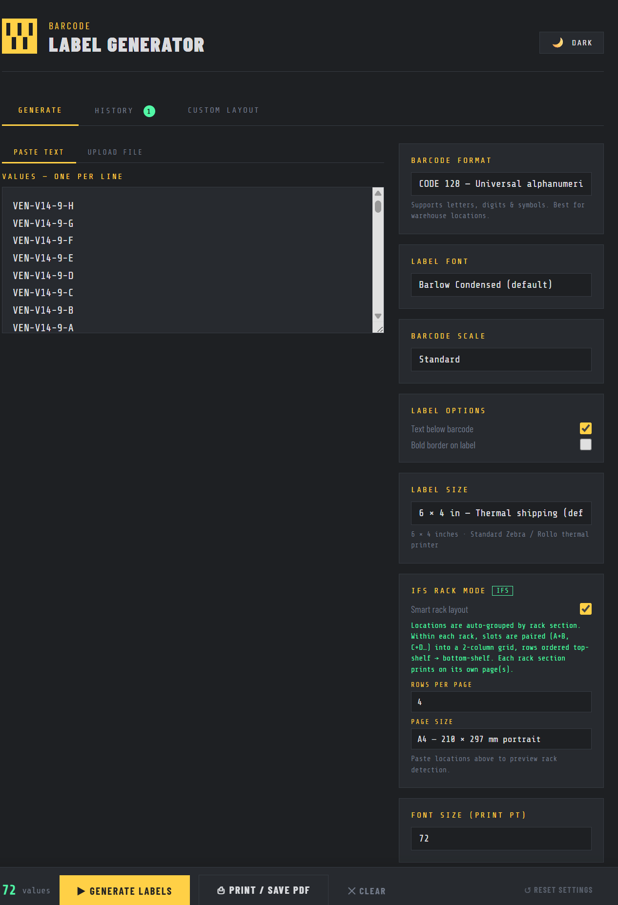 Barcode Label Generator - Main interface with IFS Rack Mode
