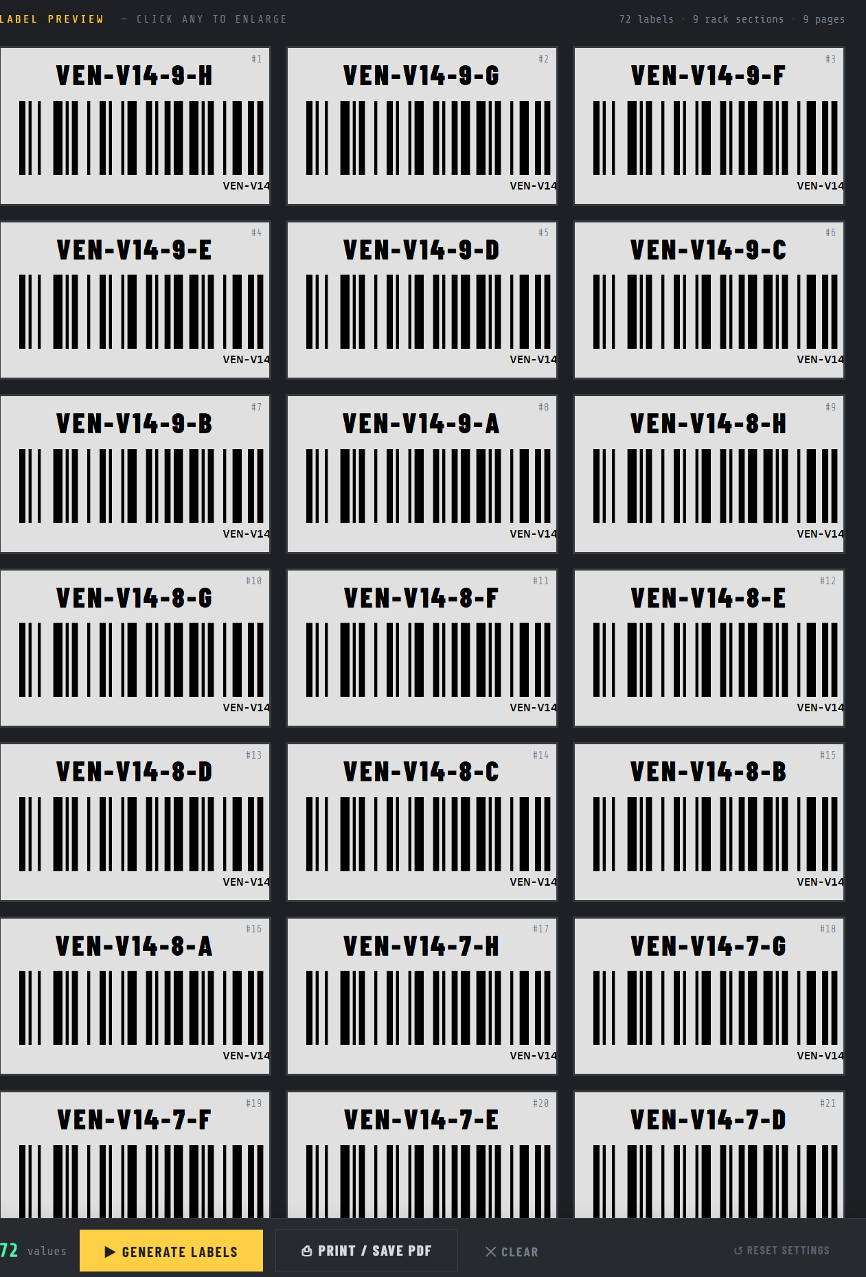 Barcode Label Generator - Label preview grid (72 labels)