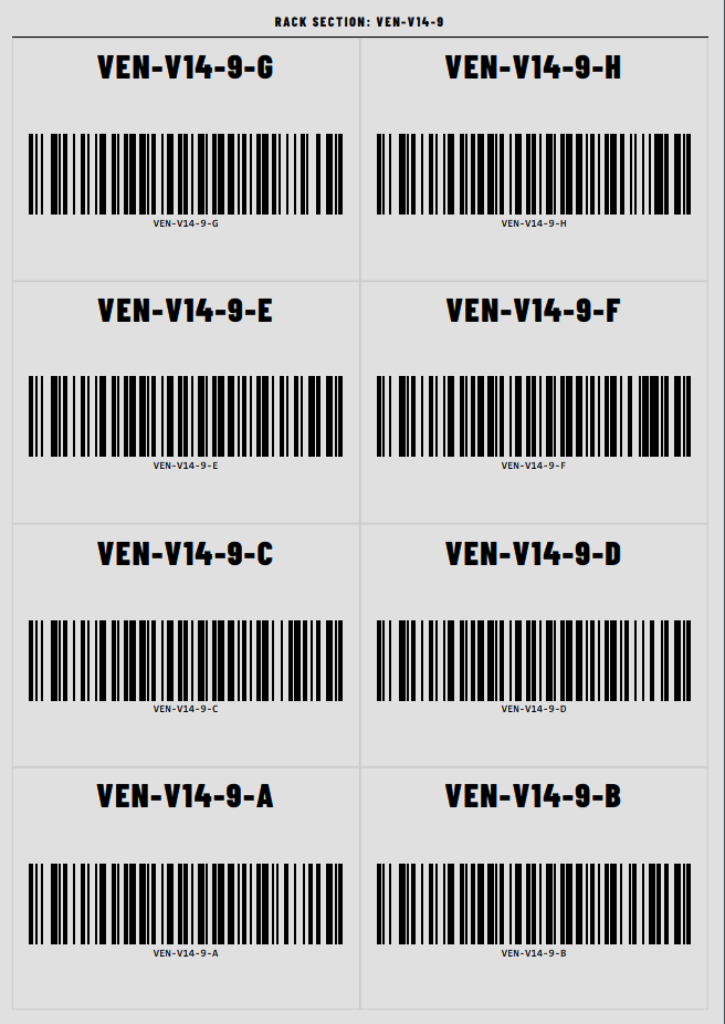 Barcode Label Generator - IFS rack section print layout