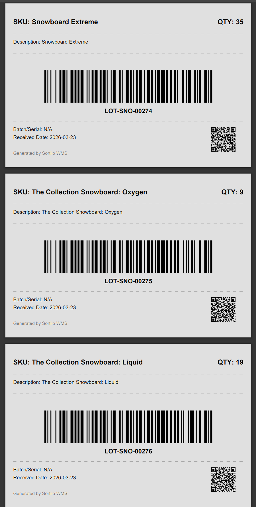 Sortilo WMS - Thermal barcode labels with lot number and QR code