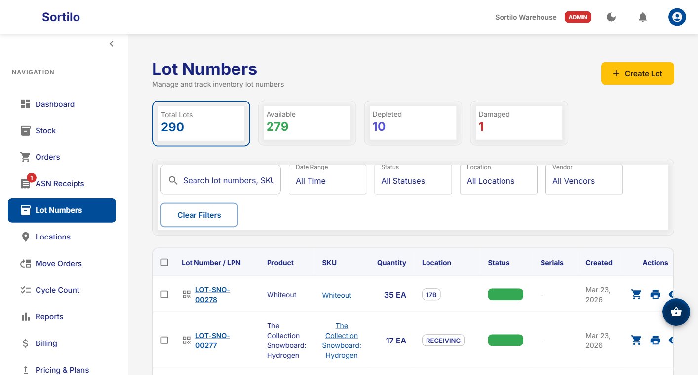 Sortilo WMS - Lot Numbers tracking with location and status
