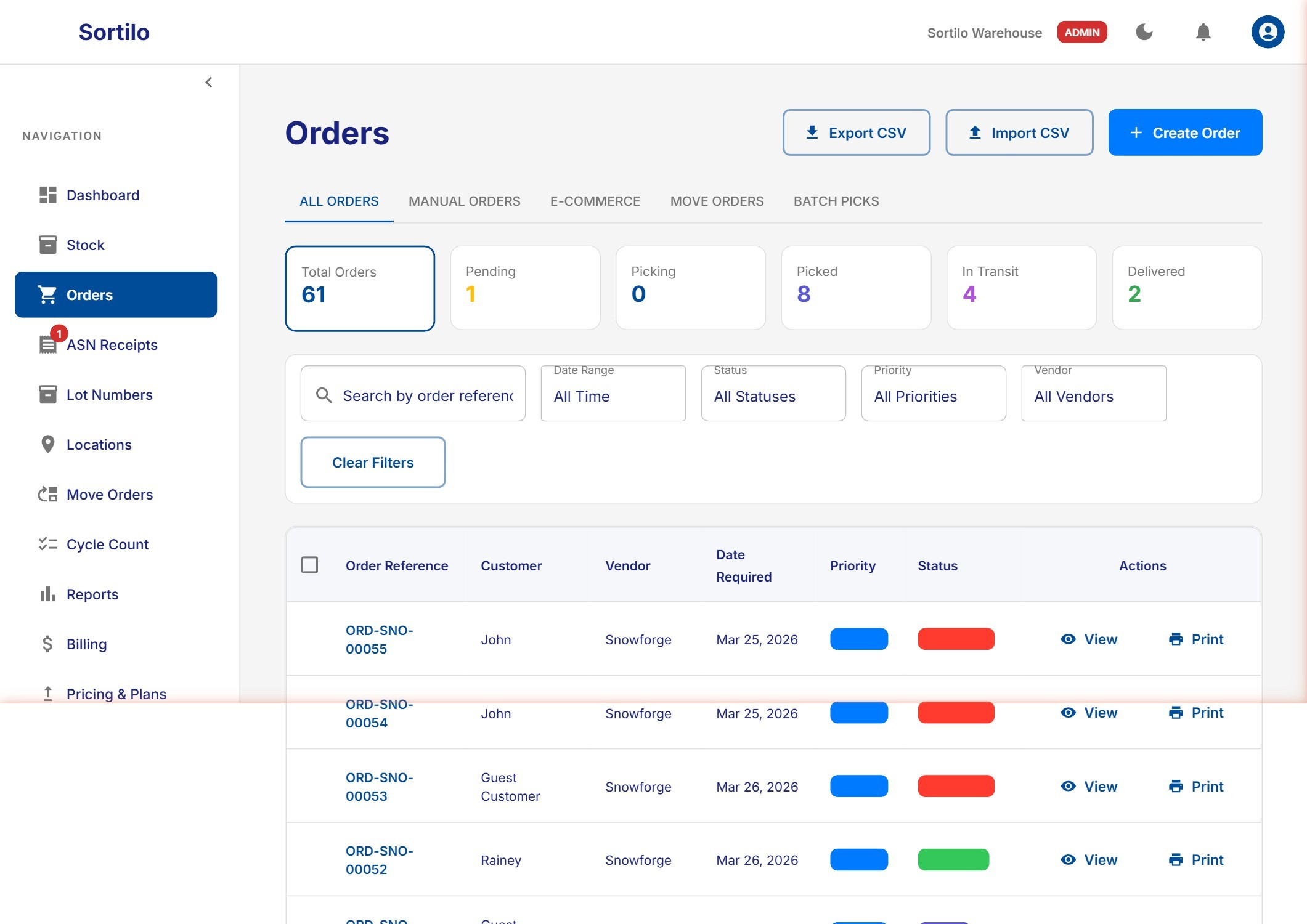 Sortilo WMS - Orders list with status badges and filters