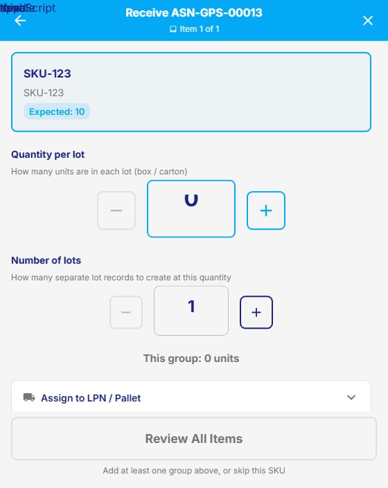Sortilo WMS - Mobile ASN receive workflow with lot and quantity entry