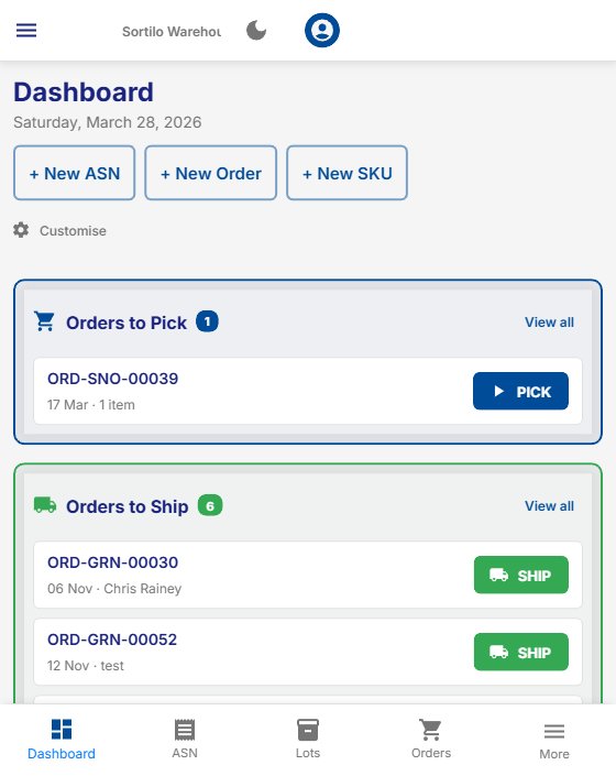 Sortilo WMS - Mobile dashboard with one-tap Pick and Ship actions