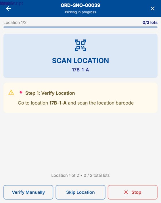Sortilo WMS - Mobile picking workflow with scan location guidance